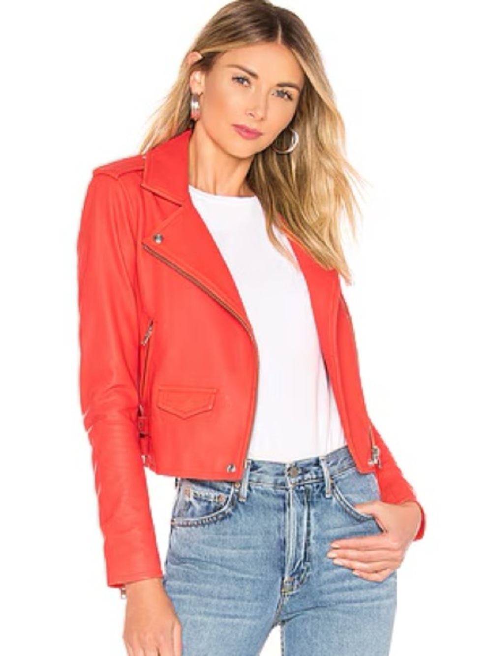 IRO Asheville Red-Orange Leather Moto Jacket with Silver Hardware
